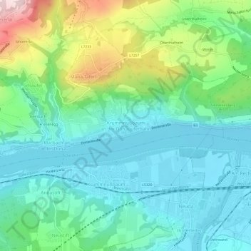 Topografische Karte Krummnußbaum an der Donauuferbahn, Höhe, Relief