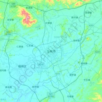 Topografische Karte Yulin, Höhe, Relief