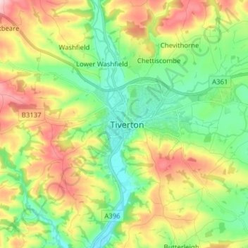 Topografische Karte Tiverton, Höhe, Relief