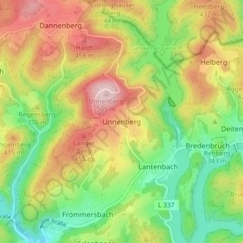 Topografische Karte Unnenberg, Höhe, Relief