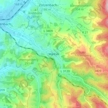 Topografische Karte Weiher, Höhe, Relief