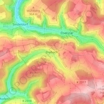 Topografische Karte Diebach, Höhe, Relief