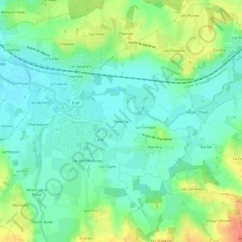 Topografische Karte Dérontay, Höhe, Relief