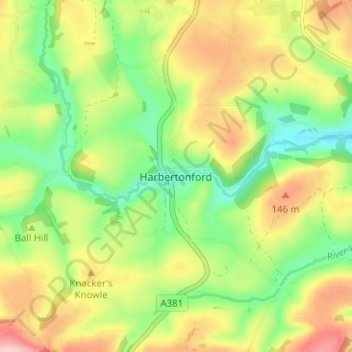 Topografische Karte Harbertonford, Höhe, Relief