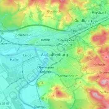 Topografische Karte Aschaffenburg, Höhe, Relief