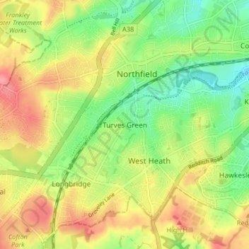 Topografische Karte Turves Green, Höhe, Relief