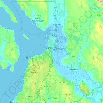 Topografische Karte Everett, Höhe, Relief
