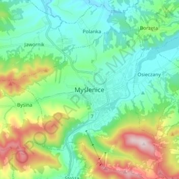 Topografische Karte Myślenice, Höhe, Relief
