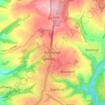 Topografische Karte Roborough, Höhe, Relief