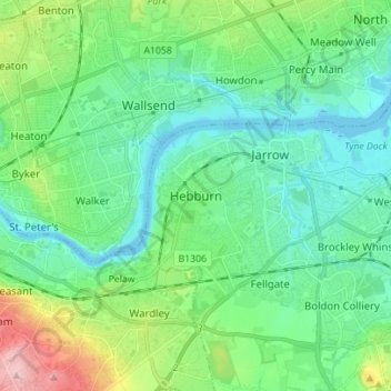 Topografische Karte Hebburn, Höhe, Relief