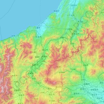 Topografische Karte 下高井郡, Höhe, Relief