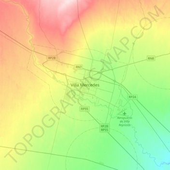 Topografische Karte Villa Mercedes, Höhe, Relief