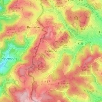 Topografische Karte Benolpe, Höhe, Relief