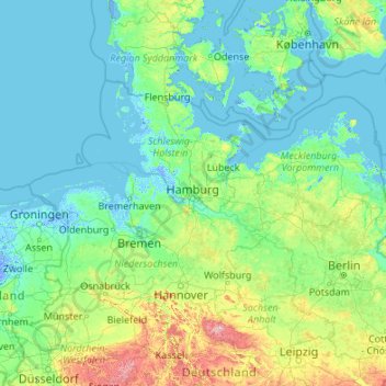 Topografische Karte Hamburg, Höhe, Relief