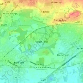 Topografische Karte Higher Folds, Höhe, Relief