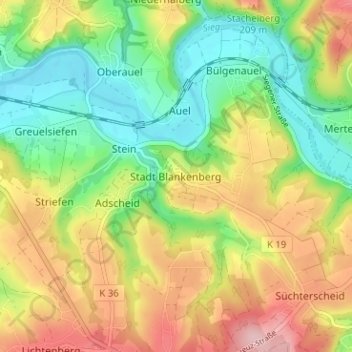 Topografische Karte Stadt Blankenberg, Höhe, Relief