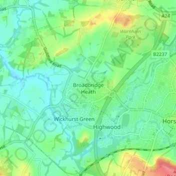 Topografische Karte Broadbridge Heath, Höhe, Relief