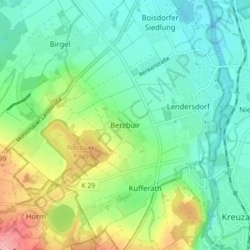 Topografische Karte Berzbuir, Höhe, Relief