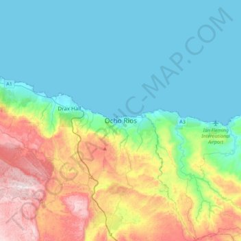 Topografische Karte Ocho Rios, Höhe, Relief