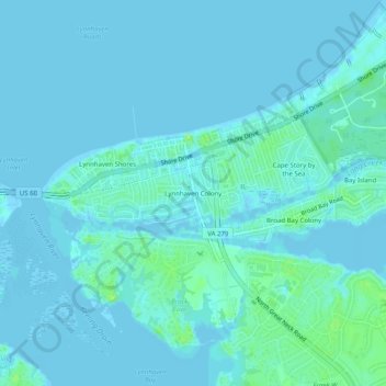 Topografische Karte Lynnhaven Colony, Höhe, Relief