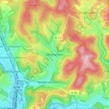 Topografische Karte Obersetzen, Höhe, Relief