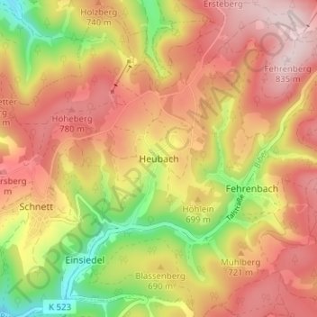 Topografische Karte Heubach, Höhe, Relief