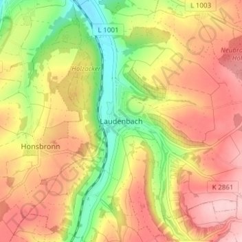 Topografische Karte Laudenbach, Höhe, Relief