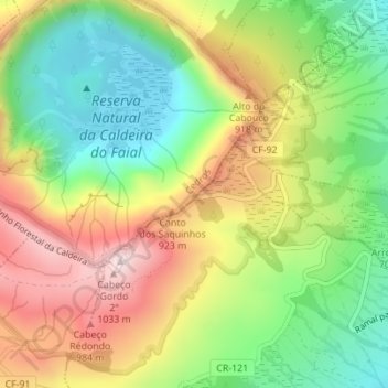 Topografische Karte Miradouro da Caldeira, Höhe, Relief