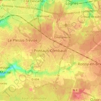 Topografische Karte Pontault-Combault, Höhe, Relief