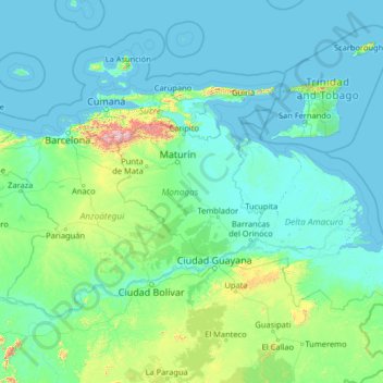 Topografische Karte Monagas, Höhe, Relief