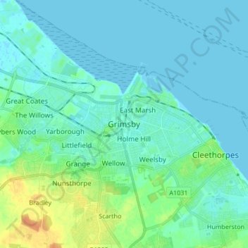 Topografische Karte Grimsby, Höhe, Relief