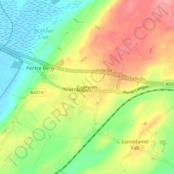 Topografische Karte Gaerwen, Höhe, Relief
