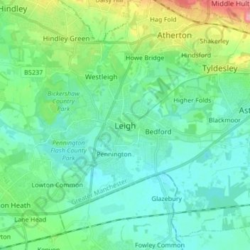 Topografische Karte Leigh, Höhe, Relief