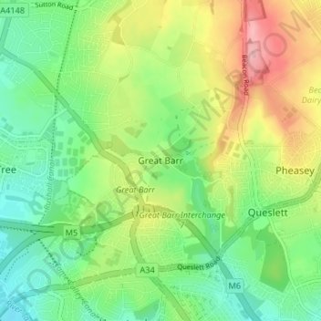 Topografische Karte Great Barr, Höhe, Relief
