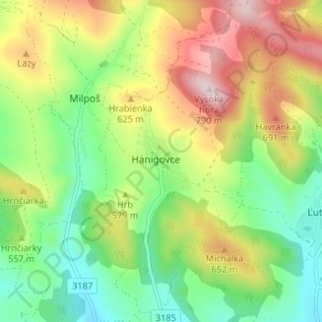 Topografische Karte Hanigovce, Höhe, Relief