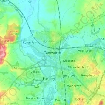Topografische Karte Tamworth, Höhe, Relief