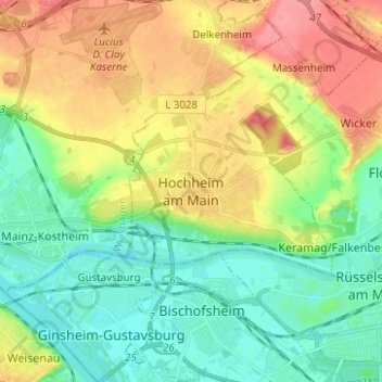Topografische Karte Hochheim am Main, Höhe, Relief
