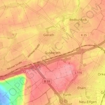 Topografische Karte Gubberath, Höhe, Relief