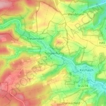 Topografische Karte Trossenfurt, Höhe, Relief