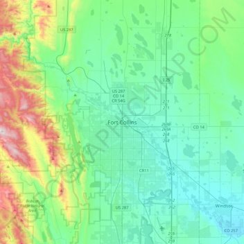 Topografische Karte Fort Collins, Höhe, Relief