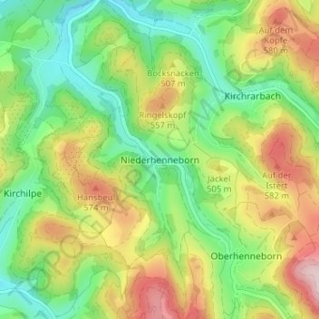 Topografische Karte Niederhenneborn, Höhe, Relief