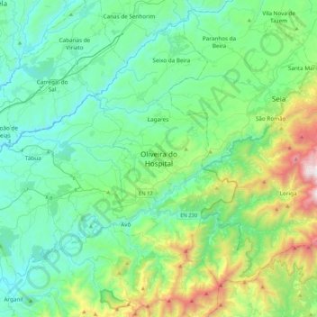 Topografische Karte Oliveira do Hospital, Höhe, Relief