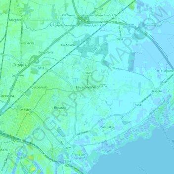 Topografische Karte Favaro Veneto, Höhe, Relief