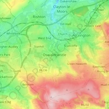 Topografische Karte Oswaldtwistle, Höhe, Relief