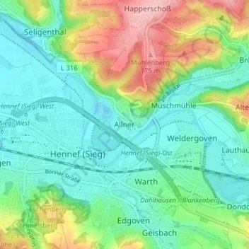 Topografische Karte Allner, Höhe, Relief