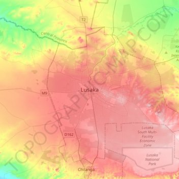 Topografische Karte Lusaka, Höhe, Relief