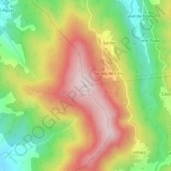 Topografische Karte Sacões, Höhe, Relief