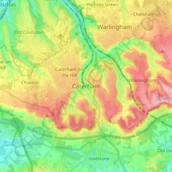 Topografische Karte Caterham, Höhe, Relief