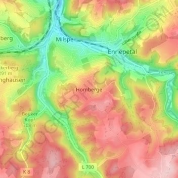 Topografische Karte Homberge, Höhe, Relief