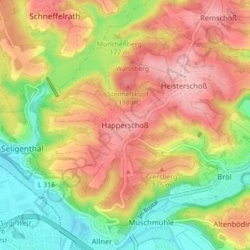 Topografische Karte Happerschoß, Höhe, Relief